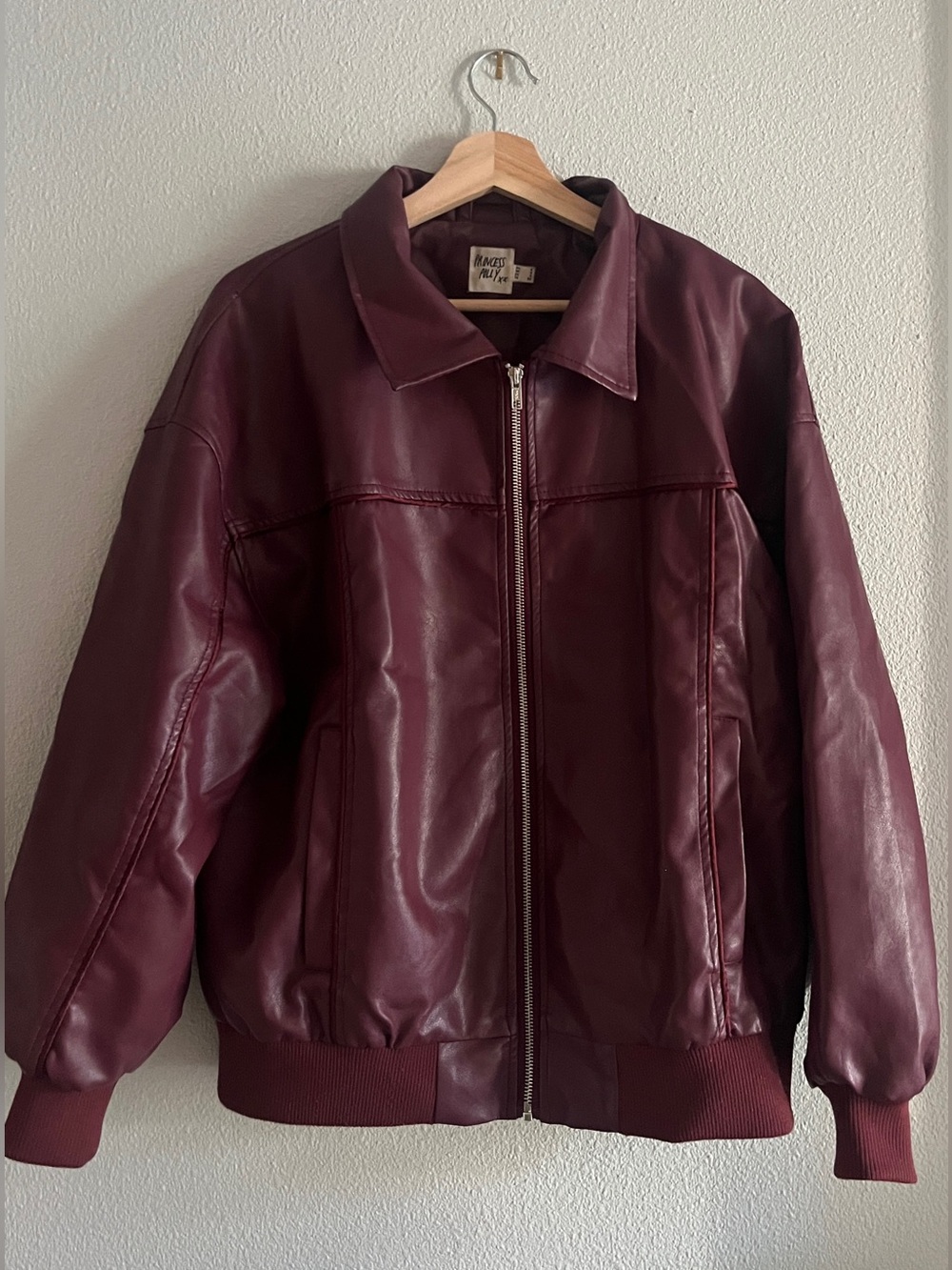 Princess Polly Goldsmith Faux Leather Bomber Jacket Burgundy Size 4